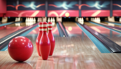 Red Bowling Ball and Bowling pins on bowling alley line. Bowling competition or tournament concept - obrazy, fototapety, plakaty