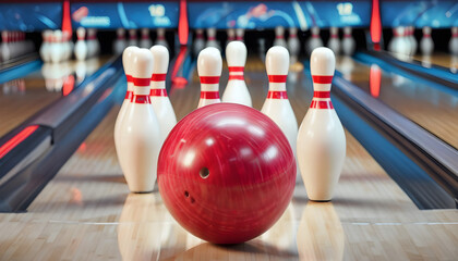 Red Bowling Ball and Bowling pins on bowling alley line. Bowling competition or tournament concept