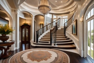 foyer with a curved staircase, epitomizing grandeur and sophistication.