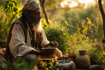 Tribal herbalist with a collection of medicinal plants, knowledgeable and serene demeanor - obrazy, fototapety, plakaty
