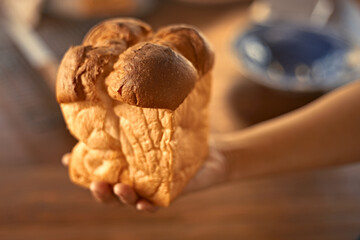 Female hands holding homemade fresh bread