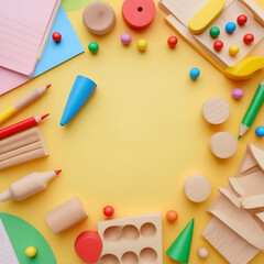 Top view of educational wooden toys and stationery on colorful paper ideal for kindergarten...