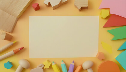 Top view of educational wooden toys and stationery on colorful paper ideal for kindergarten...