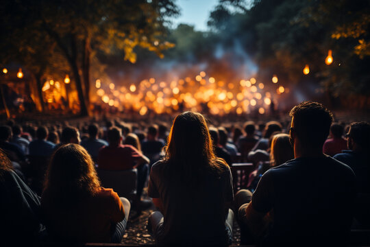 silhouettes of the audience against the glow of the movie screen, creating a cinematic photo that highlights the communal experience of open-air cinema in a photo