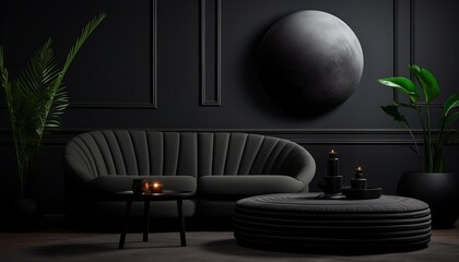 Elegant and sophisticated modern living room interior with black tone colors and artistic wall decor