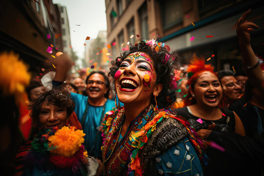 People celebrating carnival on the street in a Mexican city