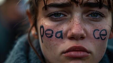 Woman activist protesting for Peace. On cheeks is written word PEACE