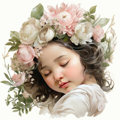 Obraz na płótnie Canvas watercolor Cute Newborn Baby to Sleep with Flower, Generative Ai