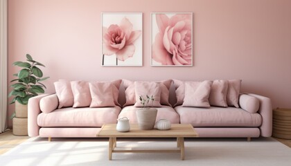 Stylish and contemporary living room interior in pink tones with artwork adorning the wall