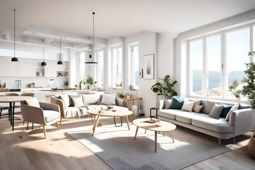 Fototapeta premium interior design of a modern Scandinavian apartment seamlessly blending the living room and dining room.