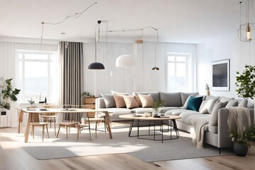 interior design of a modern Scandinavian apartment seamlessly blending the living room and dining room.