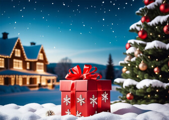 Christmas and New Year background with red box, red ribbon, and Christmas tree on snow