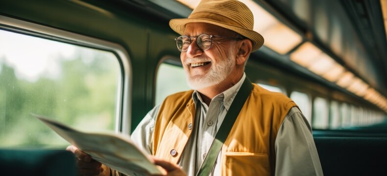 Elderly man with glasses reading newspaper on train, travel and leisure.