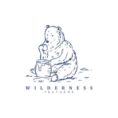 Abstract vintage retro grizzly bear eating sweet honey logo design. Honey bear vector illustration - obrazy, fototapety, plakaty