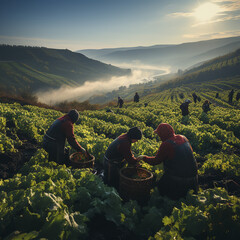 View of harvesters picking grapes in a winery region 