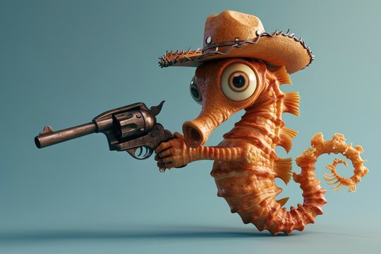 Seahorse wearing a cowboy hat and firing with a coral gun, cartoon illustration