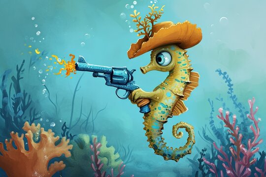 Seahorse wearing a cowboy hat and firing with a coral gun, cartoon illustration