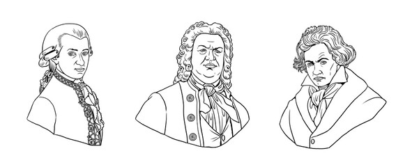 Portraits of world-famous composers: Mozart, Bach and Beethoven. Drawing with busts of well-known musicians. Historical drawing with transparent background.	