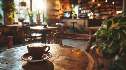 Coffee Break: A Cup on a Wooden Table in a Cozy Cafe - obrazy, fototapety, plakaty
