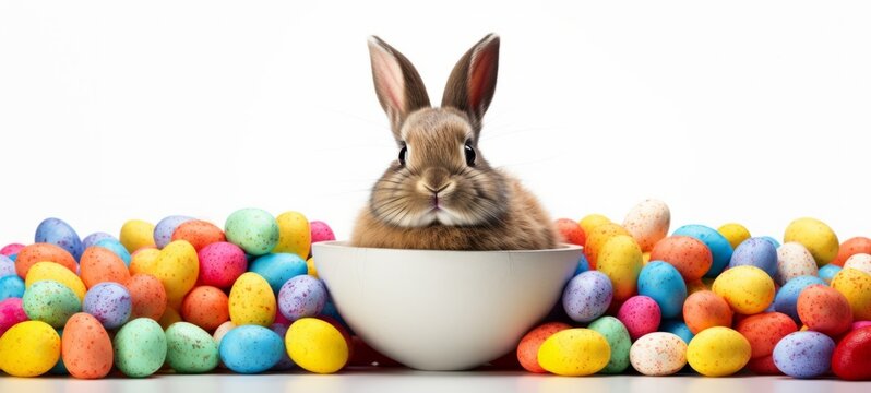 Funny easter concept holiday animal celebration greeting card - Cute little easter bunny, rabbit sitting in a bowl  with many colorful painted esater eggs, isolated on white background