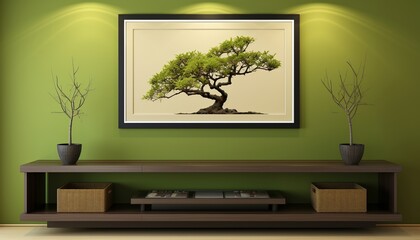 Inviting modern living room interior with green tones and eye catching wall art pieces