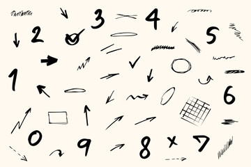 Charcoal hand drawn pencil arrows, scribbles and circle boxes. Emphasis arrows, doodle squiggles rough scratches numbers alphabets. Vector illustration of lines, waves, squiggles marker sketch style - obrazy, fototapety, plakaty