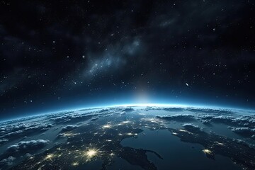 Fototapeta na wymiar Captivating image offers stunning view of planet earth from space during serene hours of night. Deep blue hues of atmosphere create mesmerizing backdrop providing canvas for luminous city lights