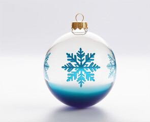 Crystal Christmas decorative snow globe with a blue snowflake on simple background . Template for wallpaper, banner, card with space for text. 