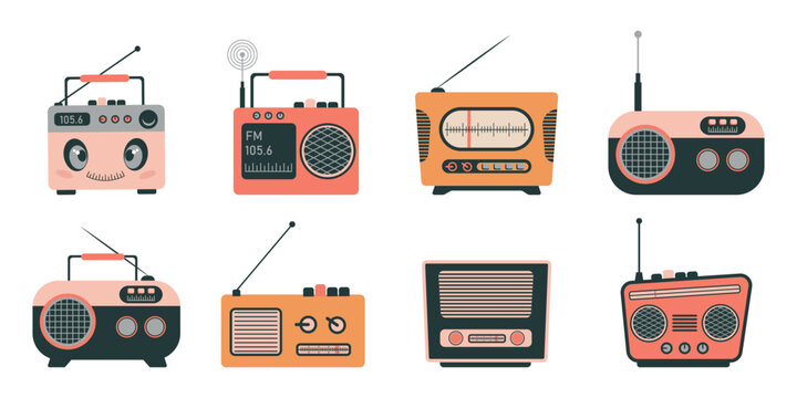 World Radio Day. A set with radios of different shapes and colors. Set for the day of radio amateur, radio listener, presenter, DJ. Vector illustration.