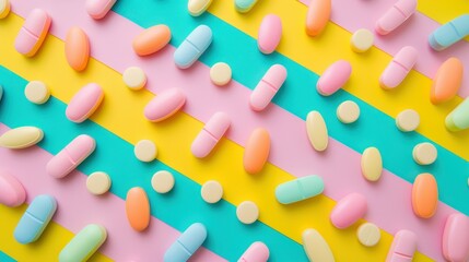 Colorful Assorted Pills on Striped Background. Vibrant multi-colored pills on striped background. variety of modern medications. vitamins and supplements daily health routines - obrazy, fototapety, plakaty
