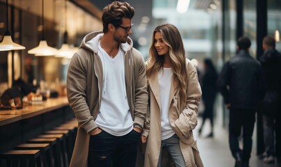Young couple looking at each other's face walking down city street - Powered by Adobe