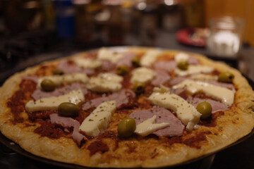 pizza on a wooden board