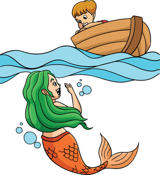 Mermaid Talking to a Boy in the Boat Clipart 