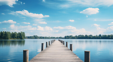 Small wooden bridge in lake with calm water and blue sky in Sweden, Scandinavia, Europe. Peaceful outdoor - obrazy, fototapety, plakaty