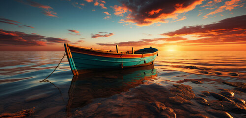 boat on calm sea in sunset