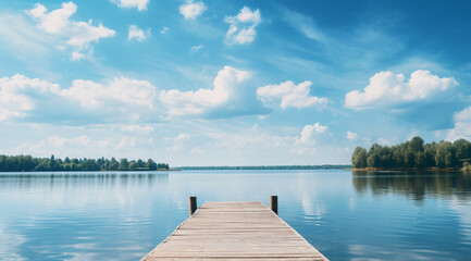 Small wooden bridge in lake with calm water and blue sky in Sweden, Scandinavia, Europe. Peaceful outdoor - Powered by Adobe