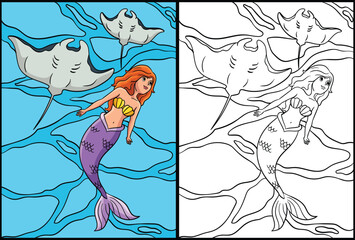 Mermaid with Manta Ray Coloring Page Illustration