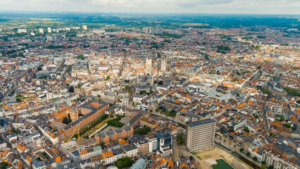 Fototapeta na wymiar Ghent, Belgium. Cathedral of Saint Bavo. Panorama of the central city from the air. Cloudy weather, summer day, Aerial View