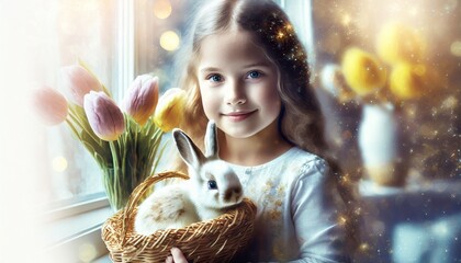 Dziewczynka z króliczkiem, obok tulipany. Portret. Wielkanoc, wiosna