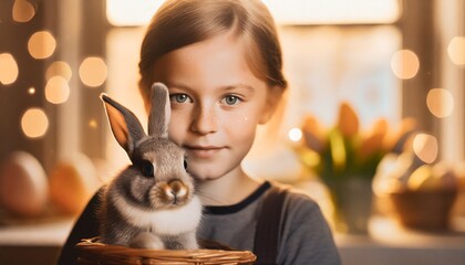 Dziewczynka z króliczkiem, w tle tulipany i pisanki. Portret. Odcienie brązu i żółtego.  Wielkanoc, wiosna - obrazy, fototapety, plakaty