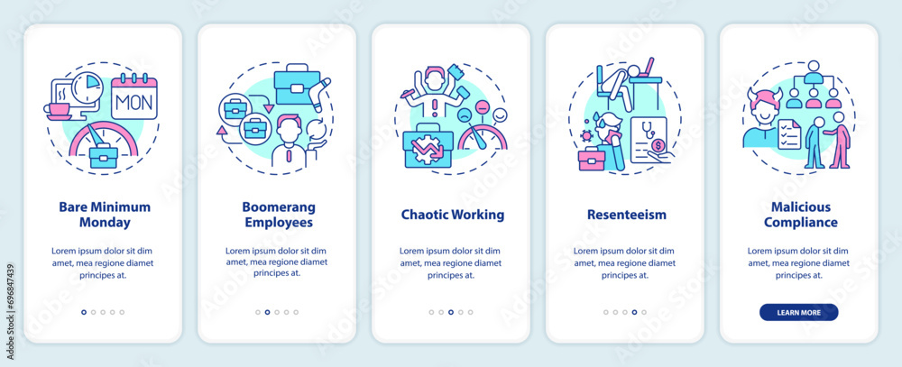 Poster 2d icons representing work culture and relationships mobile app screen set. walkthrough 5 steps mult