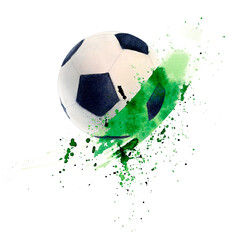 Soccer football ball and green spot watercolor drawing. Drops blot and pentagon picture isolated on white background