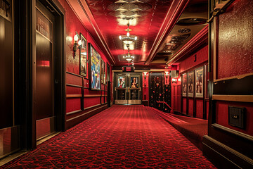 cinematic photo of a grand, red-carpeted entrance to the movie theater, complete with stylish lighting and posters of upcoming films