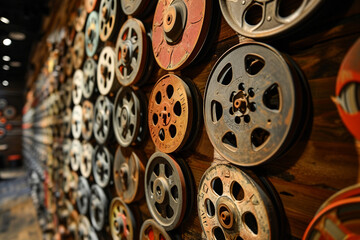 Fototapeta premium artistic display of film reels on the theater wall, forming an intriguing pattern that adds a cinematic touch to the space