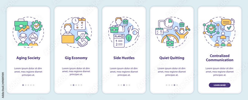 Poster 2d icons representing workplace dynamics mobile app screen set. walkthrough 5 steps multicolor graph
