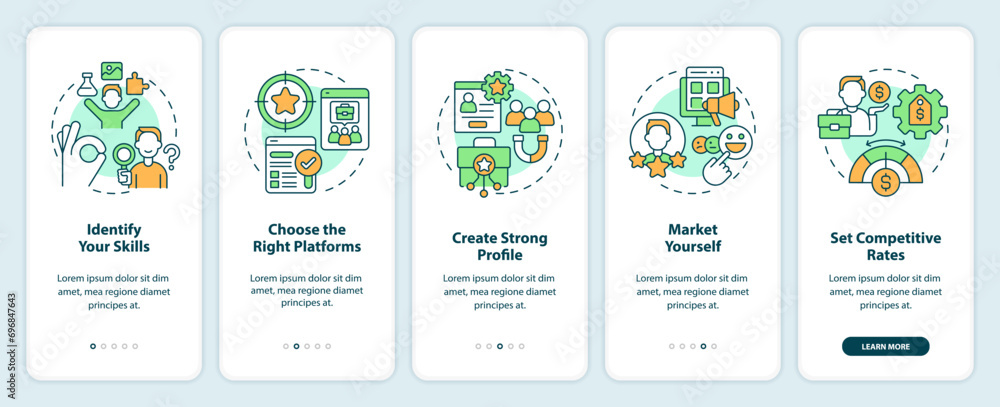 Poster 2d linear icons representing how to find gig jobs mobile app screen set. walkthrough 5 steps multico
