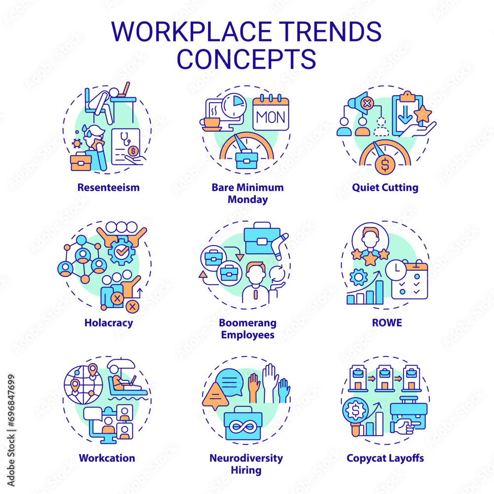 Poster collection of 2d editable colorful thin line icons representing workplace trends, isolated simple ve
