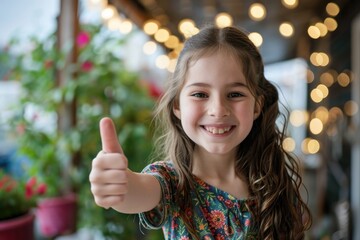 Young girl's excited thumbs up gesture, cheerful outlook