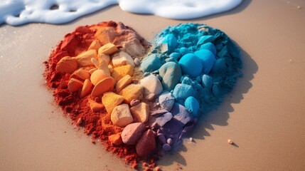 heart shaped in different colors on the beach. Generated in ai - Powered by Adobe