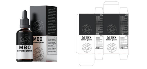 MBO Packaging box design template layout with Box die line,  icon, frames and Design Illustration, Vector design Template image of cosmetic bottle and box.